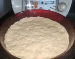 Step <p>La noche antes a preparar el Panettone vamos a preparar el PREFERMENTO y para ello pondremos en el vaso 250 g de harina, un taco de levadura fresca y 250 g de leche y mezclaremos todo durante 20 seg/vel 2. Sacamos la masa resultante a un bol y lo taparemos con film transparente o con un trapo y lo dejamos a temperatura ambiente lejos del frío y de las corrientes. Por la mañana nos encontraremos con que el prefermento ha crecido considerablemente y se ha llenado de burbujas por el efecto de la levadura.</p> illustration