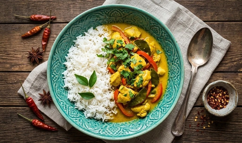 Pollo al curry con arroz basmati
